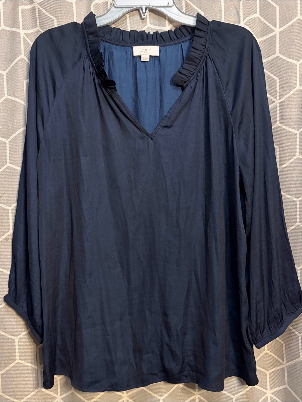 LOFT Navy Ruffle V-Neck Long Sleeve Blouse